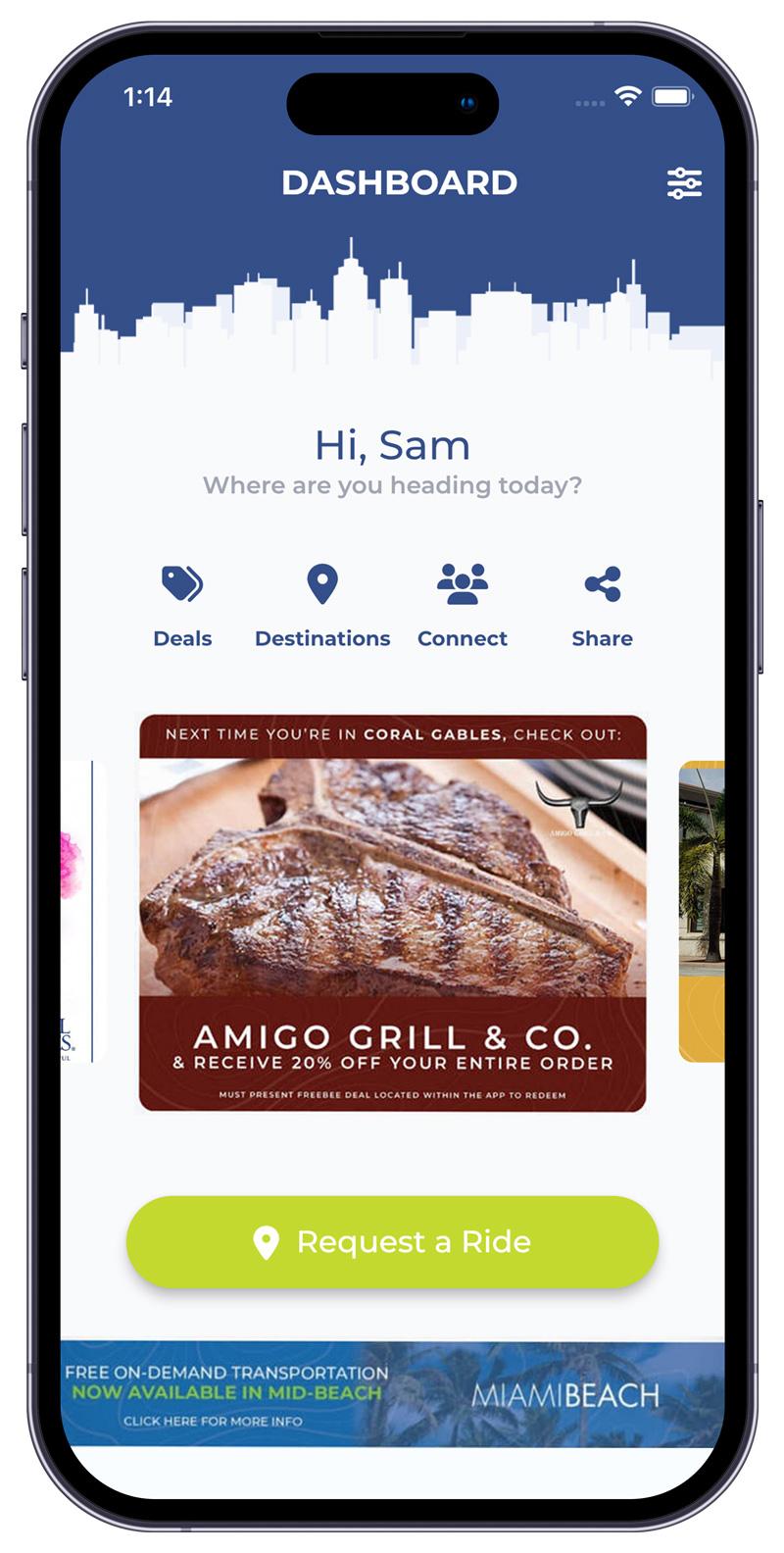Mobile phone showing Freebee's mobile app home page